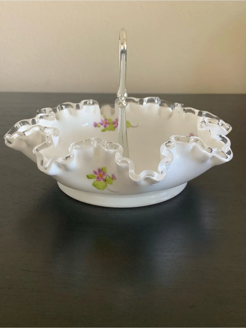 Vtg Fenton Violets in the Snow Milk Glass Candy Bon Bon Dish Signed M. Dickinson
